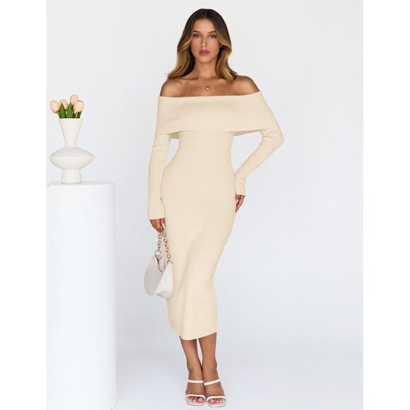 Merokeety Women's Beige Off Shoulder Long Sleeve Elegant Bodycon Dress - Picture 2 of 9
